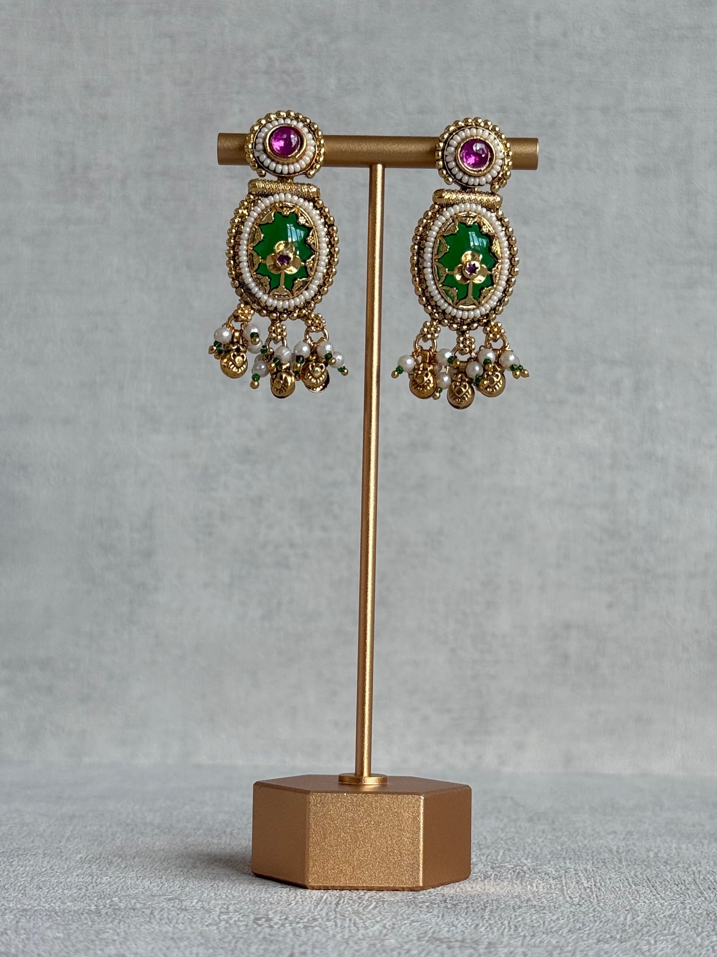 Ayura Designs Enjal Earrings – Emerald Green Enamel, Pearl Beading, Pink Stone & Gold Finish