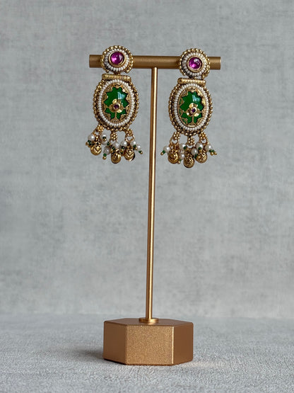 Ayura Designs Enjal Earrings – Emerald Green Enamel, Pearl Beading, Pink Stone & Gold Finish