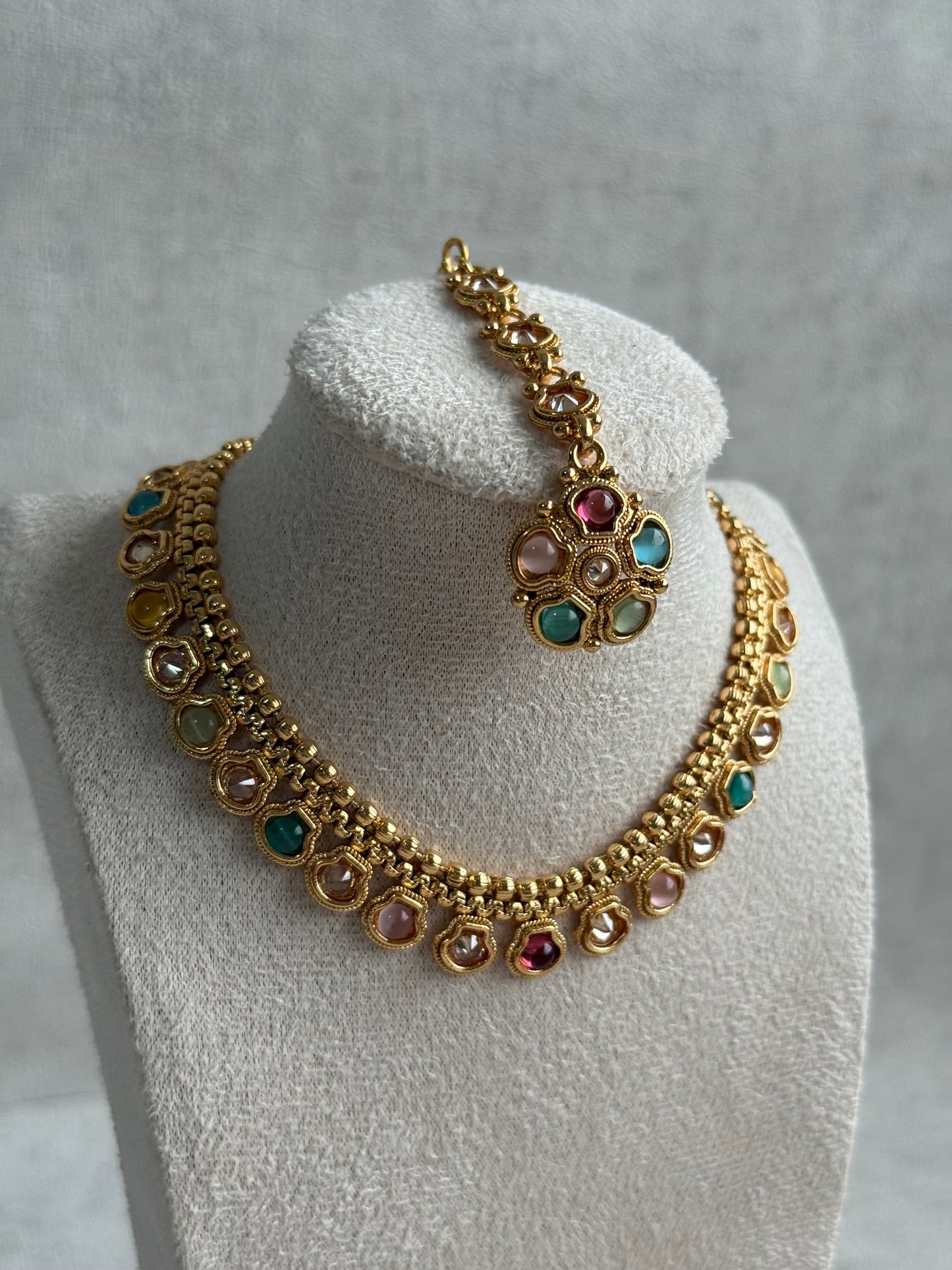 Ayura Designs Amala Set with Necklace, Studs & Tikka – Multicolour Stones & Antique Gold Finish