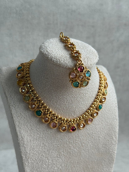 Ayura Designs Amala Set with Necklace, Studs & Tikka – Multicolour Stones & Antique Gold Finish