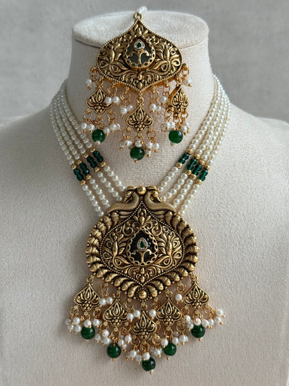 Ayura Designs Afia Necklace Set with Earrings & Tikka – Antique Gold, Emerald Green Beads, Green Centre Stone & Peacock Motifs