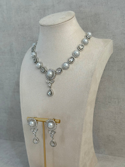 Ayura Designs Tilly Set with Necklace & Earrings – Pearl Centre with Crystal Halo Detailing in Silver Finish