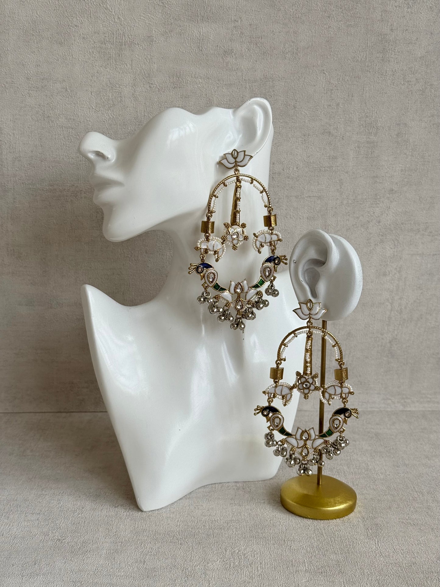 Ayura Designs Zoonpari Earrings – Ivory Pearl, Blue & Green Meenakari Peacock Chandeliers in Dual Tone with Ghungroos