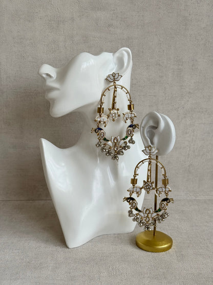 Ayura Designs Zoonpari Earrings – Ivory Pearl, Blue & Green Meenakari Peacock Chandeliers in Dual Tone with Ghungroos