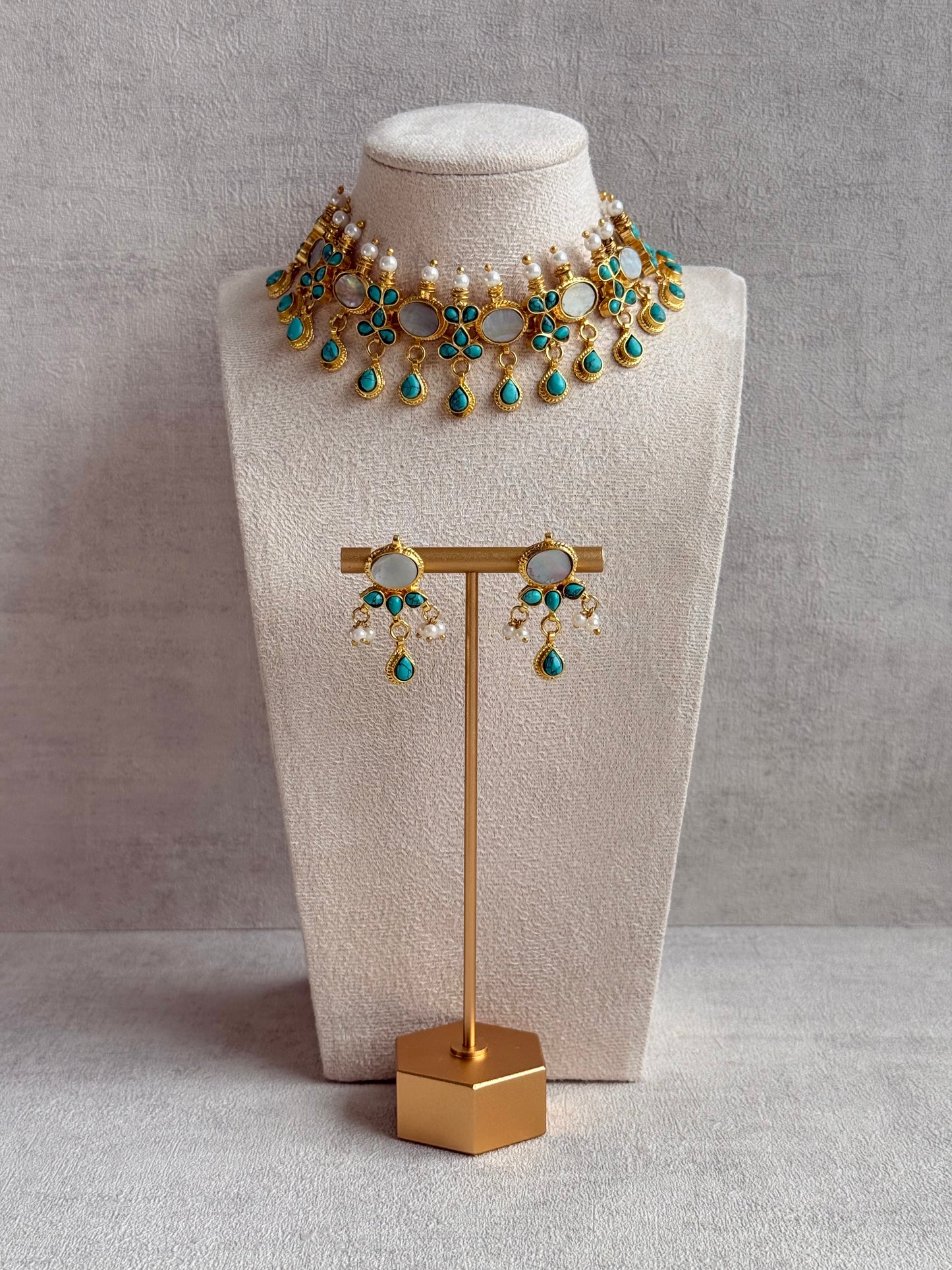 Ayura Designs Rehnuma Kundan Choker Set with Earrings & Turquoise Floral Detailing