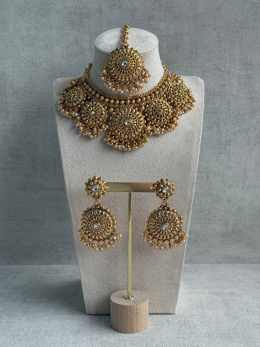 Ayura Designs Rummy Set – Statement Necklace, Earrings & Tikka with Ivory Pearls and Polished Gold Finish