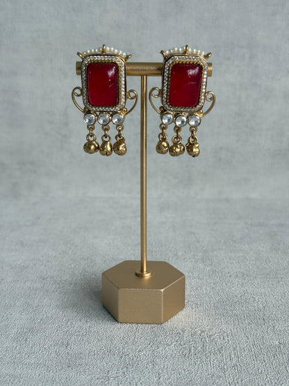 Ayura Designs Aleena Earrings – Ruby Red Stone Stud Earrings with Pearls & Ghungroo Detailing