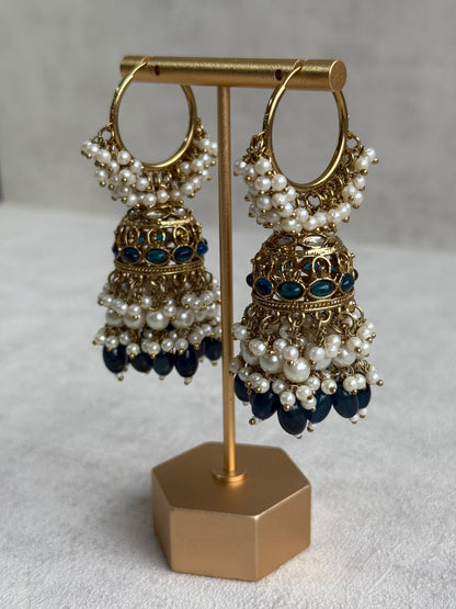 Ayura Designs Jugni Jhumkis – Antique Gold Balis with Ink Blue Beads & Pearl Clusters
