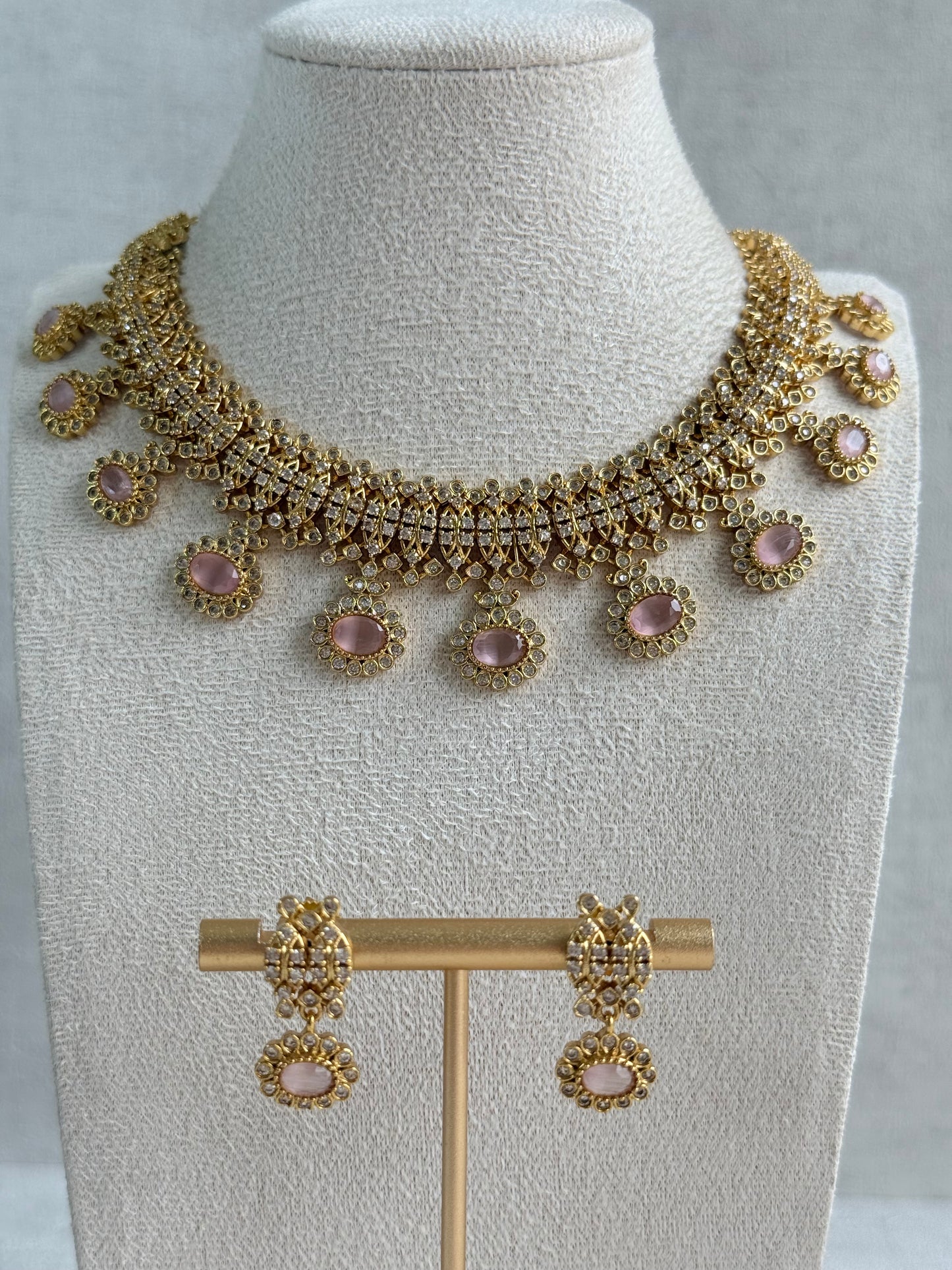 Ayura Designs Elisha Necklace Set with Earrings – Blush Pink & Crystal Stone Detailing