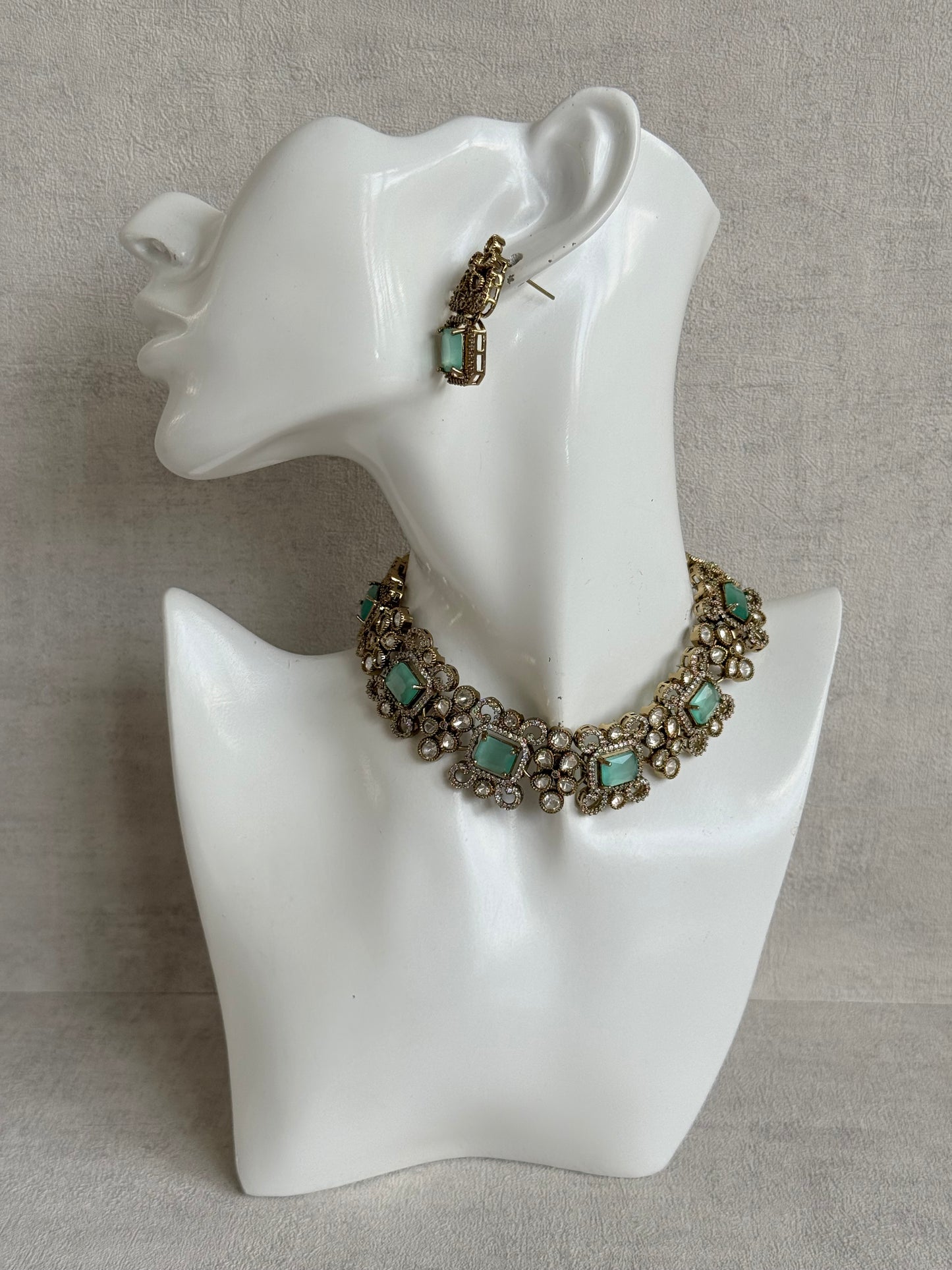 Ayura Designs Celine Necklace Set with Earrings – Moissanite Mint Green Statement Set