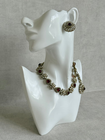 Ayura Designs Ivy Necklace Set with Studs & Tikka – Ruby Red Kundan Detailing