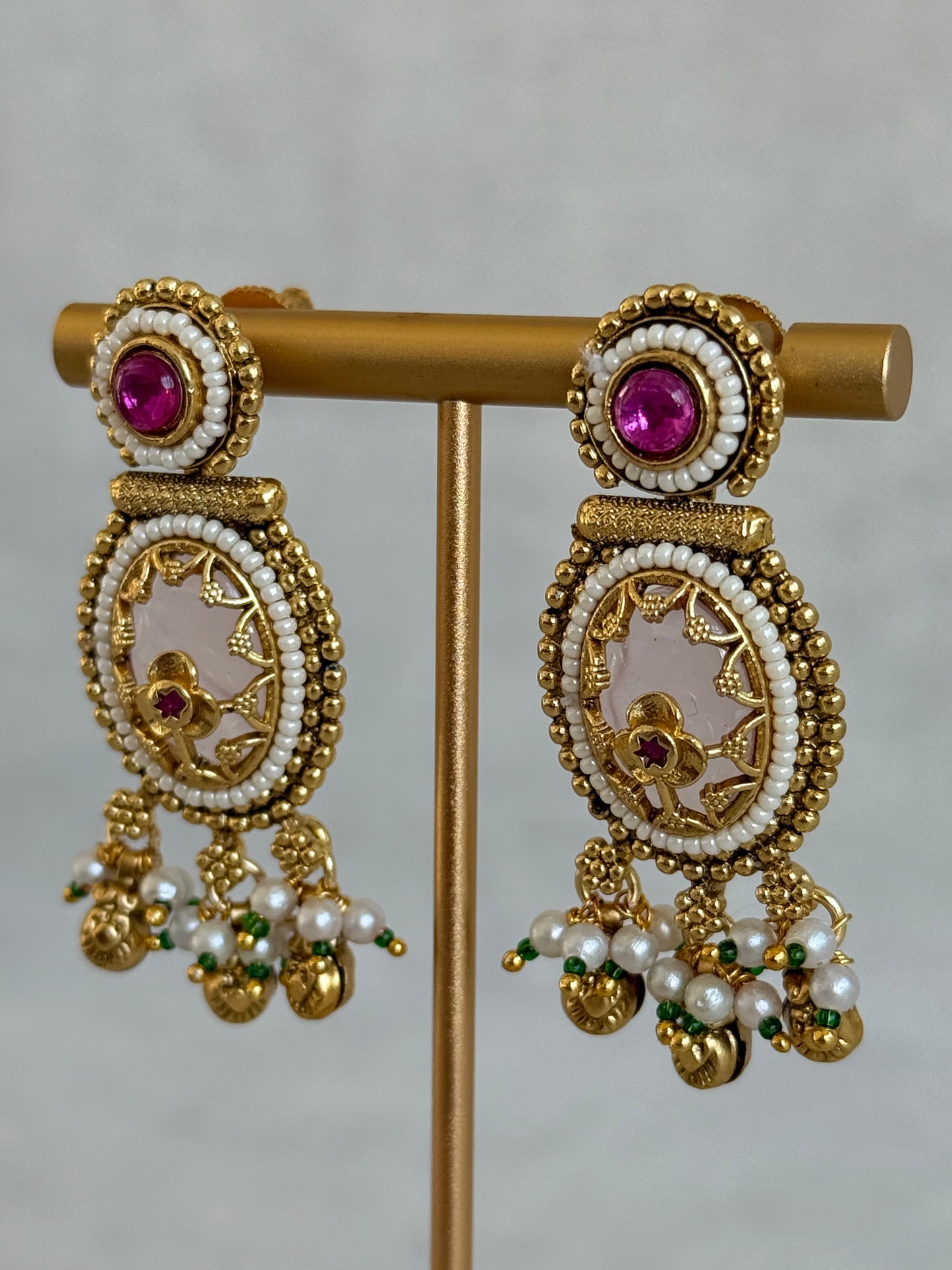 Ayura Designs Enjal Earrings – Blush Pink Enamel, Pearl Beading, Pink Stone & Gold Finish