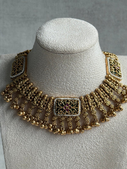 Ayura Designs Uma Set – Antique Gold Necklace & Earrings with Mint Green Enamel, Ruby Meenakari & Pearl Detailing