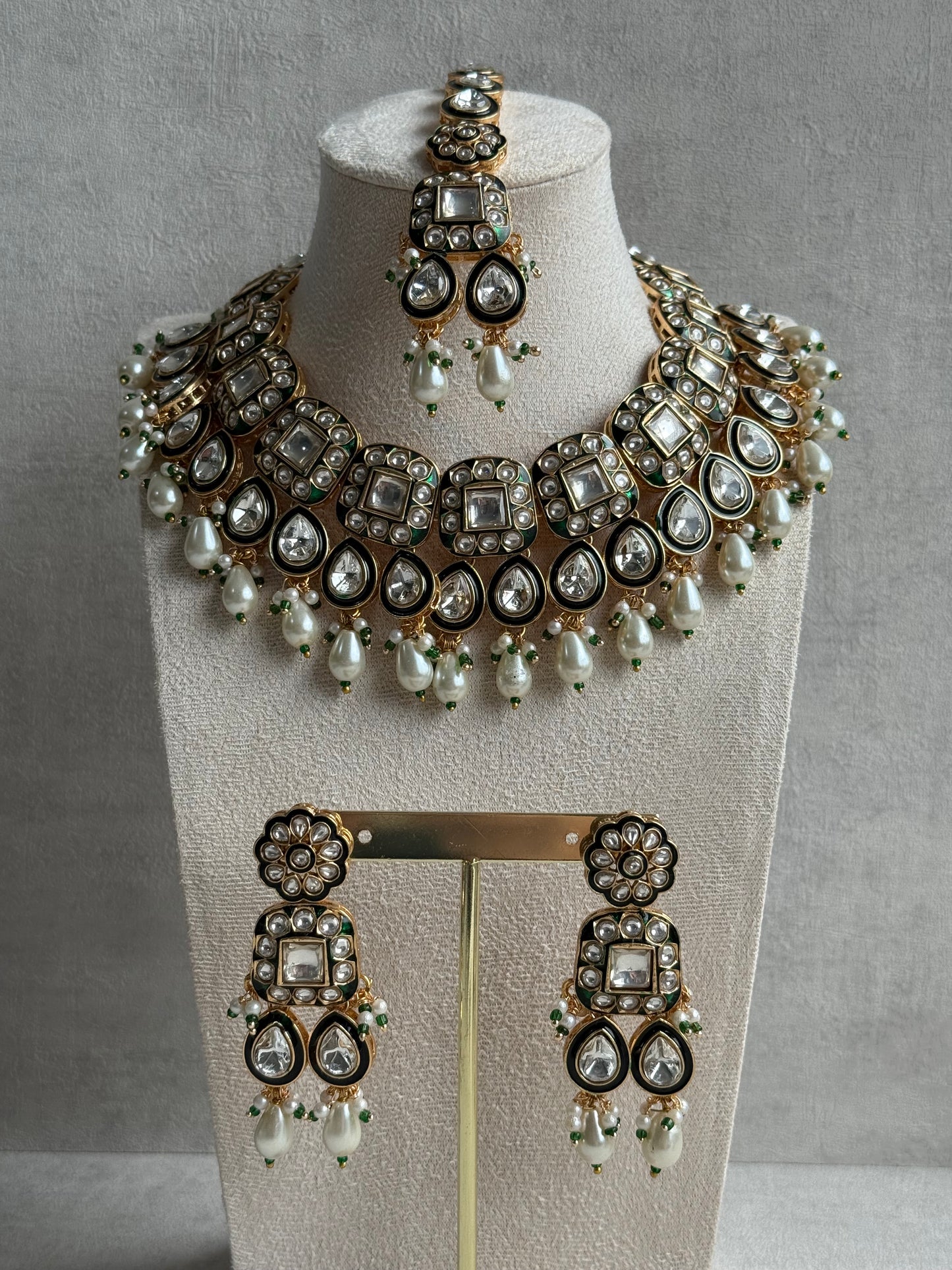 Ayura Designs Salma Set – Necklace, Earrings & Tikka with Mirror-Cut Kundan, Ivory Pearls, Emerald Green Meenakari & Gold Finish