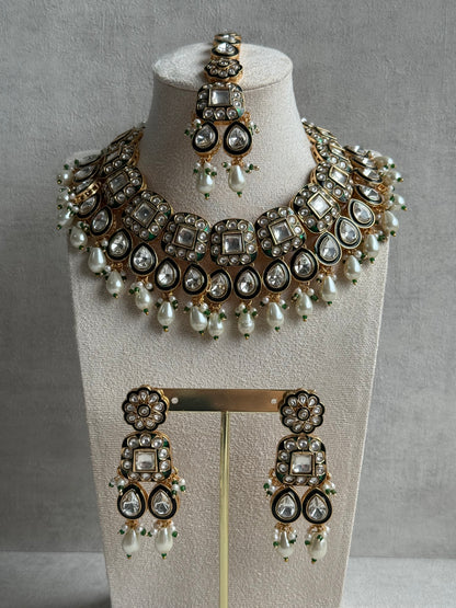 Ayura Designs Salma Set – Necklace, Earrings & Tikka with Mirror-Cut Kundan, Ivory Pearls, Emerald Green Meenakari & Gold Finish