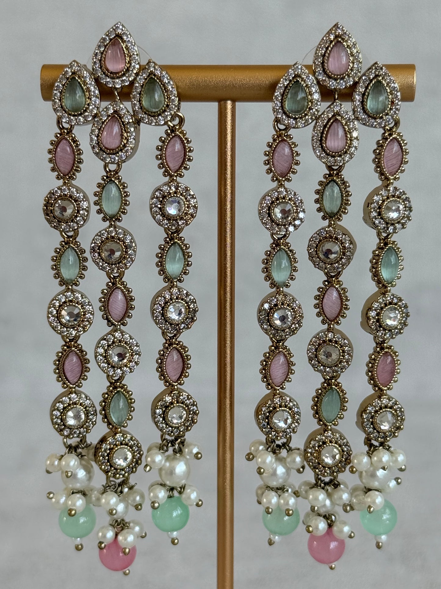 Ayura Designs Emilia Earrings – Gold Triple Strand Statement Earrings with Mint Green & Blush Pink Stones & Pearl Drops