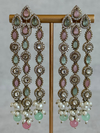 Ayura Designs Emilia Earrings – Gold Triple Strand Statement Earrings with Mint Green & Blush Pink Stones & Pearl Drops