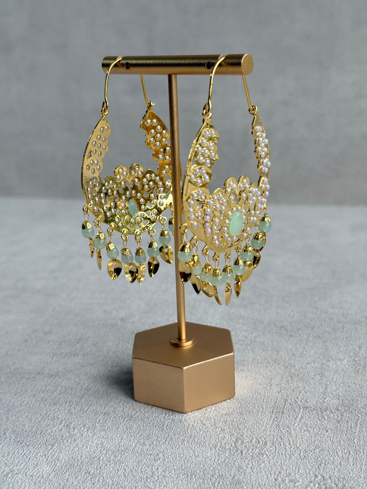 Ayura Designs Nimrat Balis – Mint Green & Ivory Pearls with Pippal Patti & Gold Finish