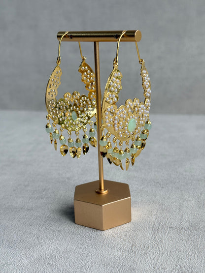 Ayura Designs Nimrat Balis – Mint Green & Ivory Pearls with Pippal Patti & Gold Finish