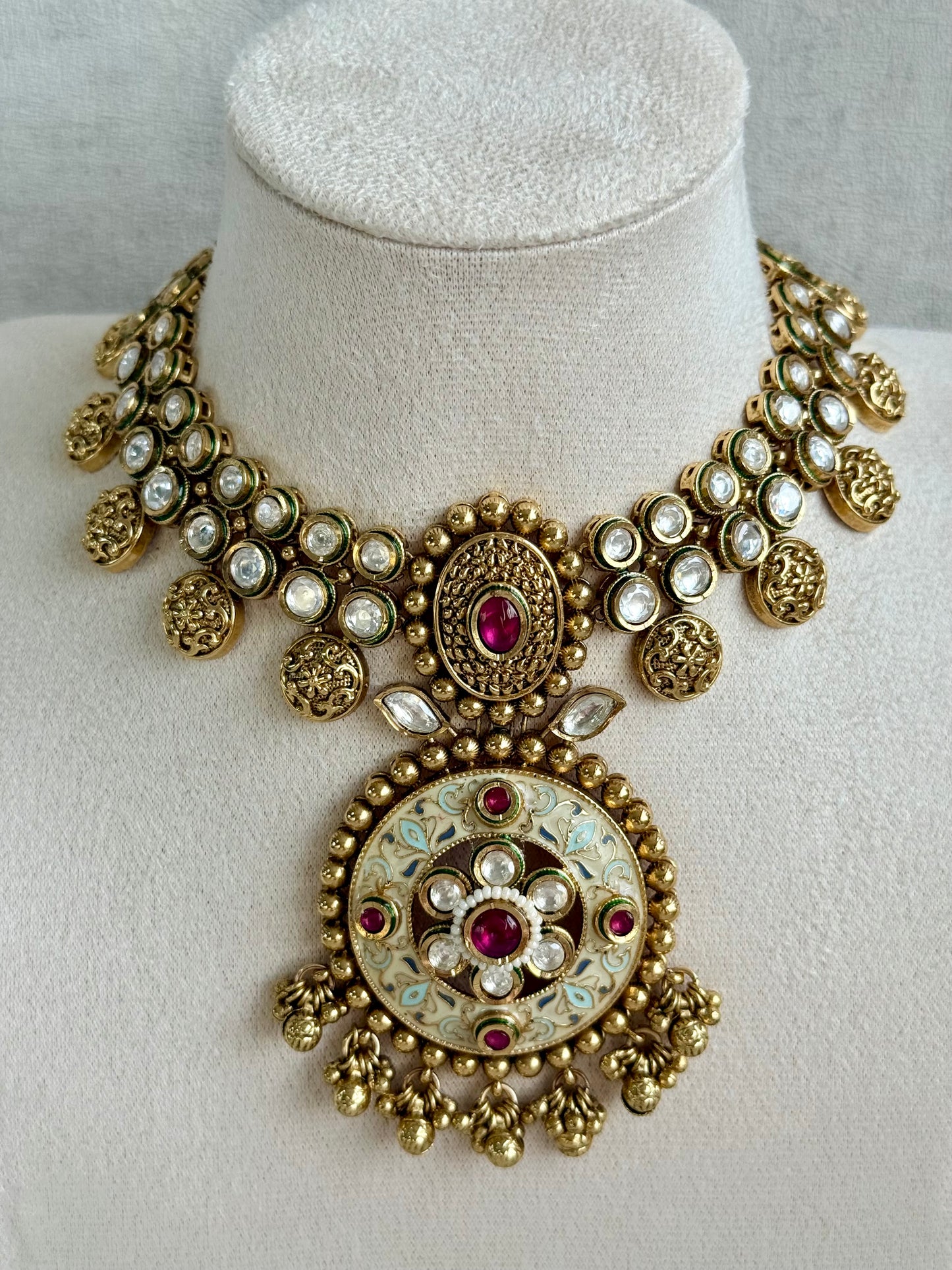 Ayura Designs Zayna Set with Necklace & Earrings – Ivory Meenakari with Rani Pink Stones