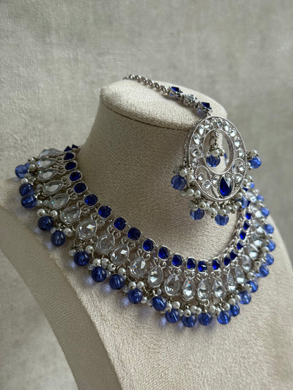 Ayura Designs Rija Set – Necklace, Earrings & Tikka with Ink Blue Beads, Mirror-Cut Stones & Silver Finish
