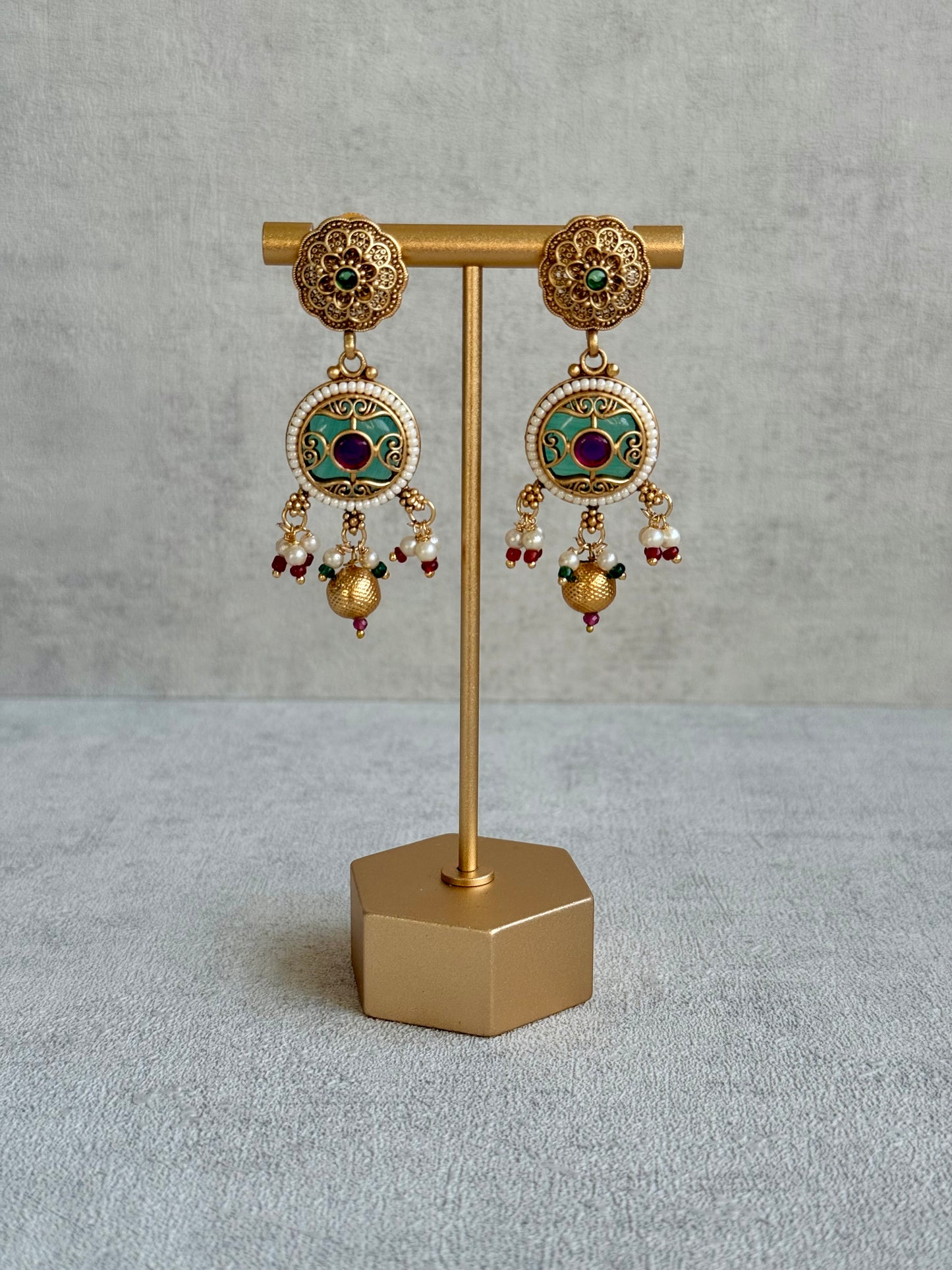 Ayura Designs Haya Choker Set with Stud Earrings – Emerald Enamel with Rani Pink Stones and Pearl Drop Detailing