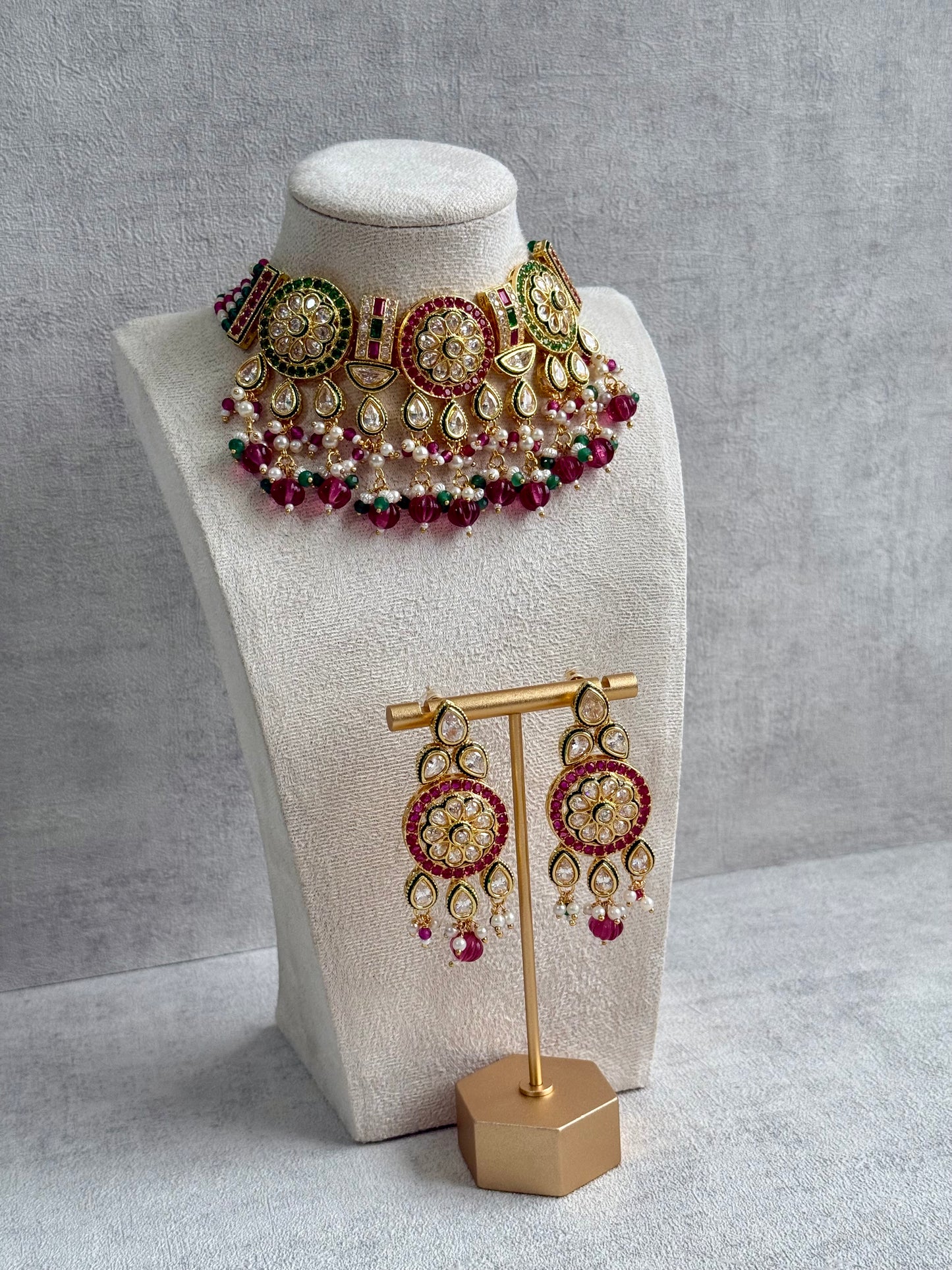 Ayura Designs Yasvi Set – Necklace & Earrings with Mirror-Cut Stones, Fuchsia Pink, Emerald Green & Pearl Detailing