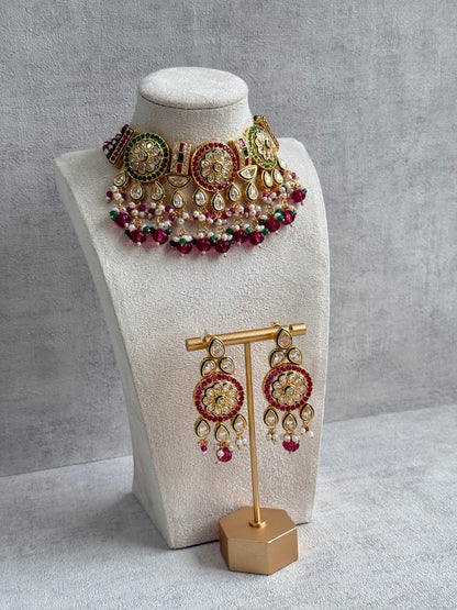 Ayura Designs Yasvi Set – Necklace & Earrings with Mirror-Cut Stones, Fuchsia Pink, Emerald Green & Pearl Detailing