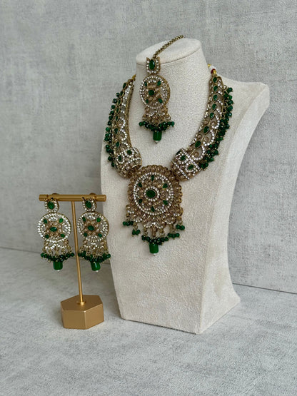 Ayura Designs Aleeza Set with Jhumkis & Tikka – Antique Finish with Champagne Polki Stones, Emerald Detailing & Beaded Drops