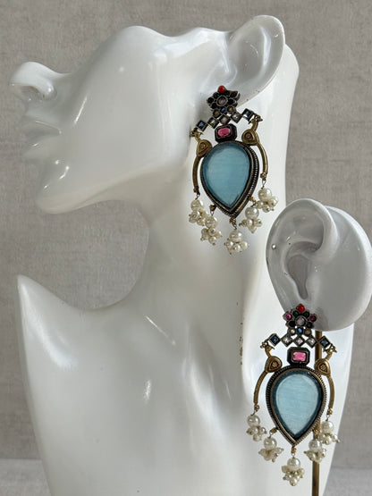 Ayura Designs Kafila Earrings – Dual Tone Oxidised Earrings with Peacock Motifs, Aqua Blue & Multicolour Stones