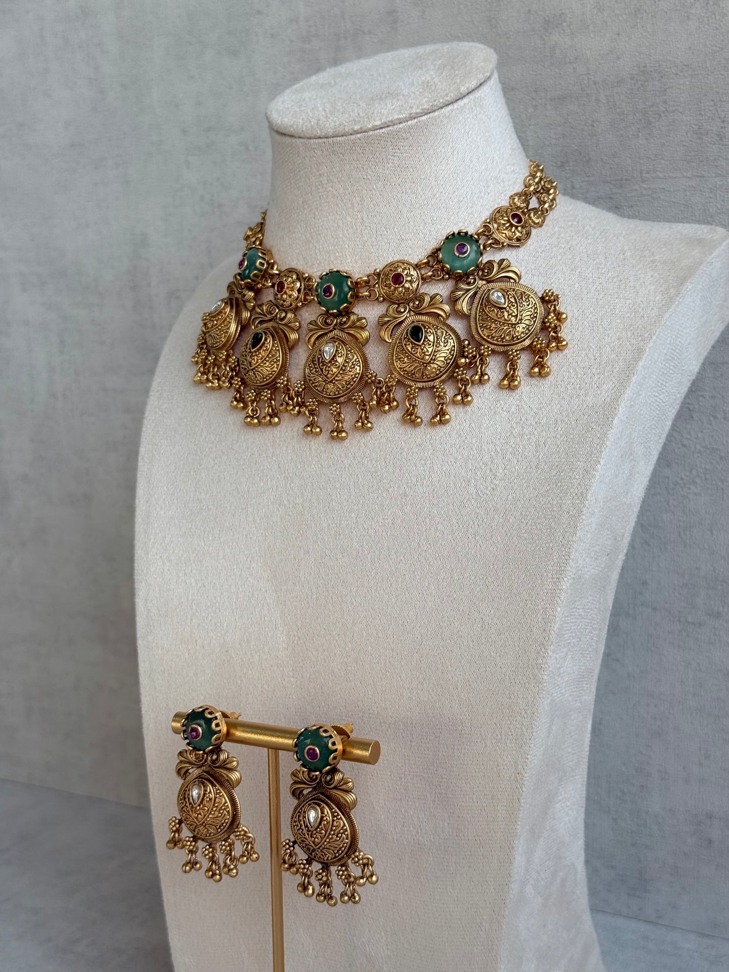 Ayura Designs Alera Set with Necklace & Earrings – Peacock Green and Rani Pink with Antique Gold Ghungroo Detailing