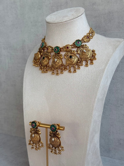 Ayura Designs Alera Set with Necklace & Earrings – Peacock Green and Rani Pink with Antique Gold Ghungroo Detailing