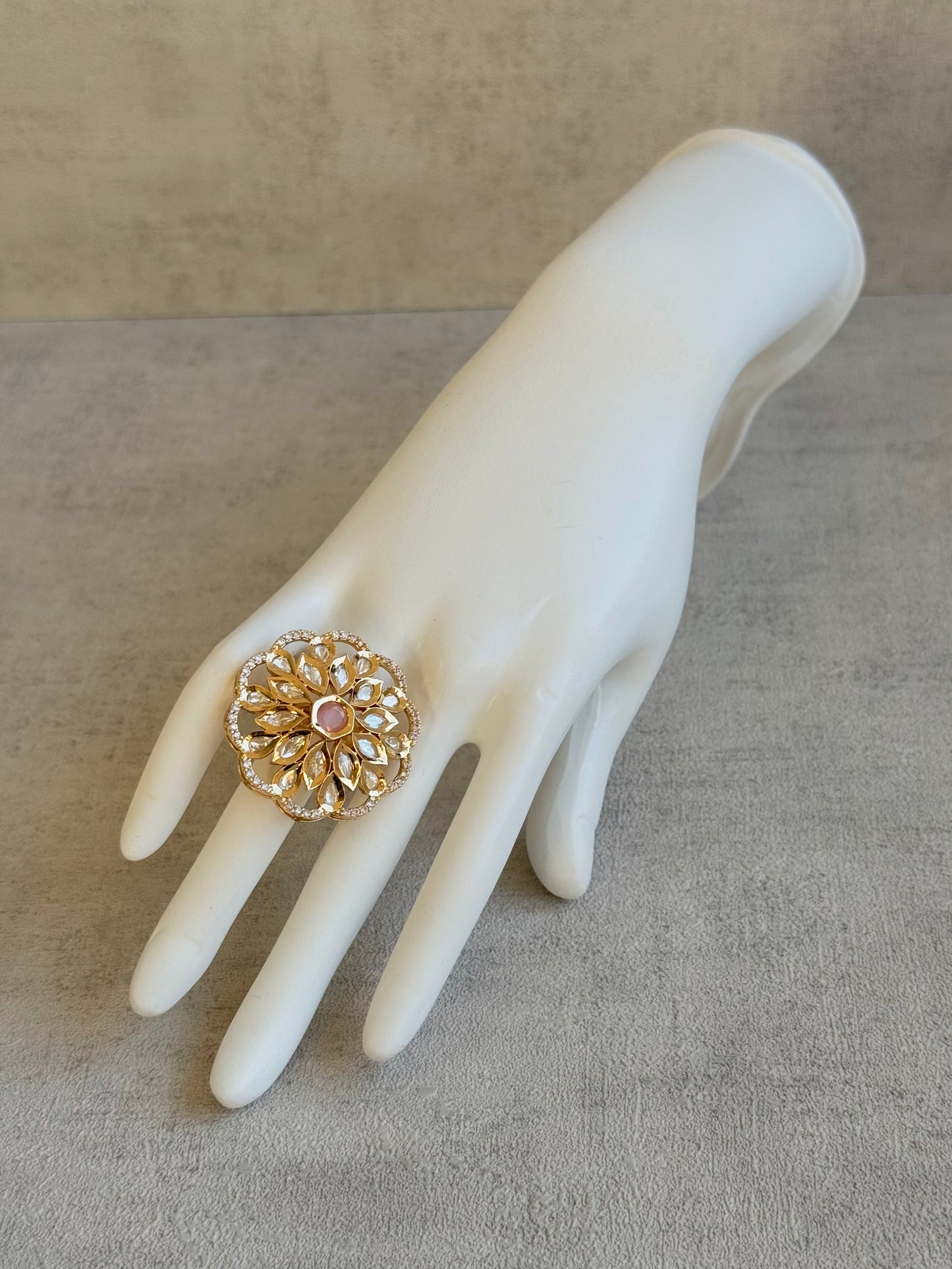 Ayura Designs Elisa Adjustable Ring – Moissanite Floral Ring with Blush Pink Centre & Crystal Border