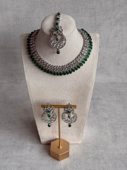 Ayura Designs Qirat Set with Necklace, Earrings & Tikka – Mirror-Cut Stones with Emerald Green Detailing in Silver Finish
