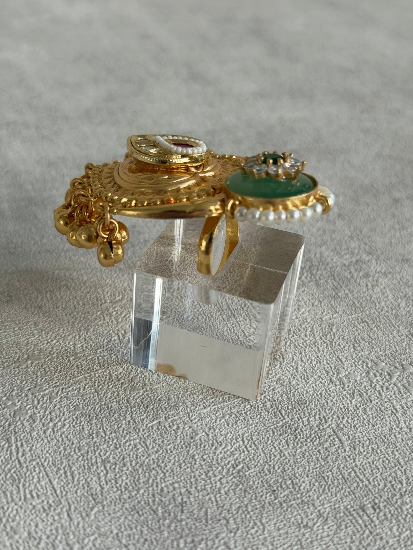 Ayura Designs Sorcha Adjustable Ring – Pistachio Green Enamel, Pearl Detailing, Antique Gold & Mirror-Cut Stones