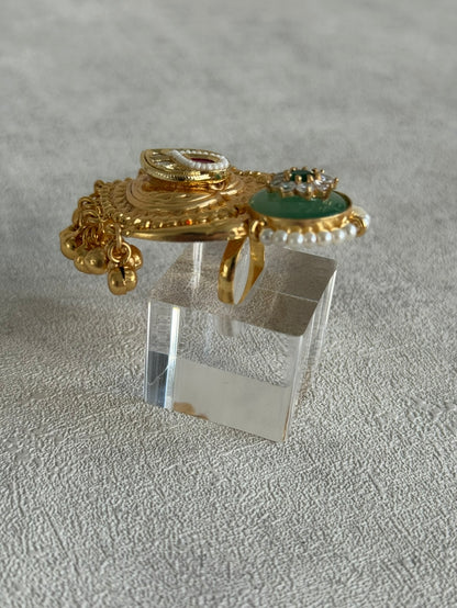 Ayura Designs Sorcha Adjustable Ring – Pistachio Green Enamel, Pearl Detailing, Antique Gold & Mirror-Cut Stones