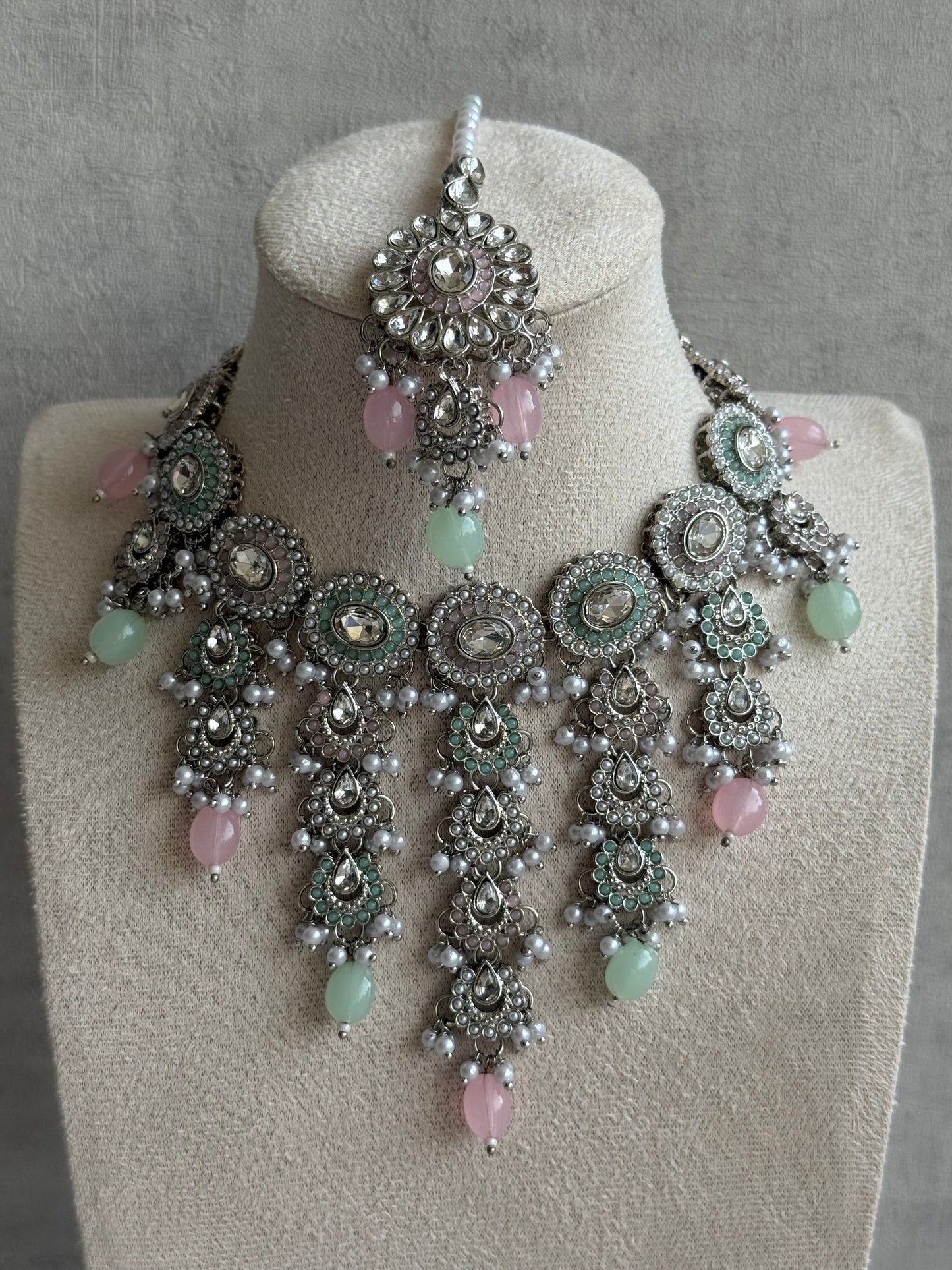 Ayura Designs Nawal Set – Necklace, Jhumkis, Tikka & Detachable Sahare with Mint & Blush Beads, Pearls & Antique Silver Finish