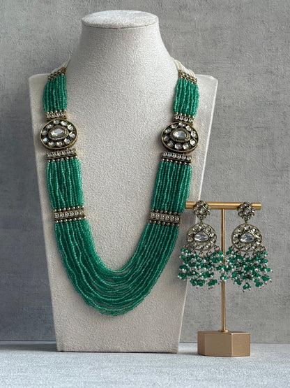 Ayura Designs Sienna Set – Long Layered Necklace & Earrings with Sea Green Beads, Mirror-Cut Kundan & Pearl Detailing