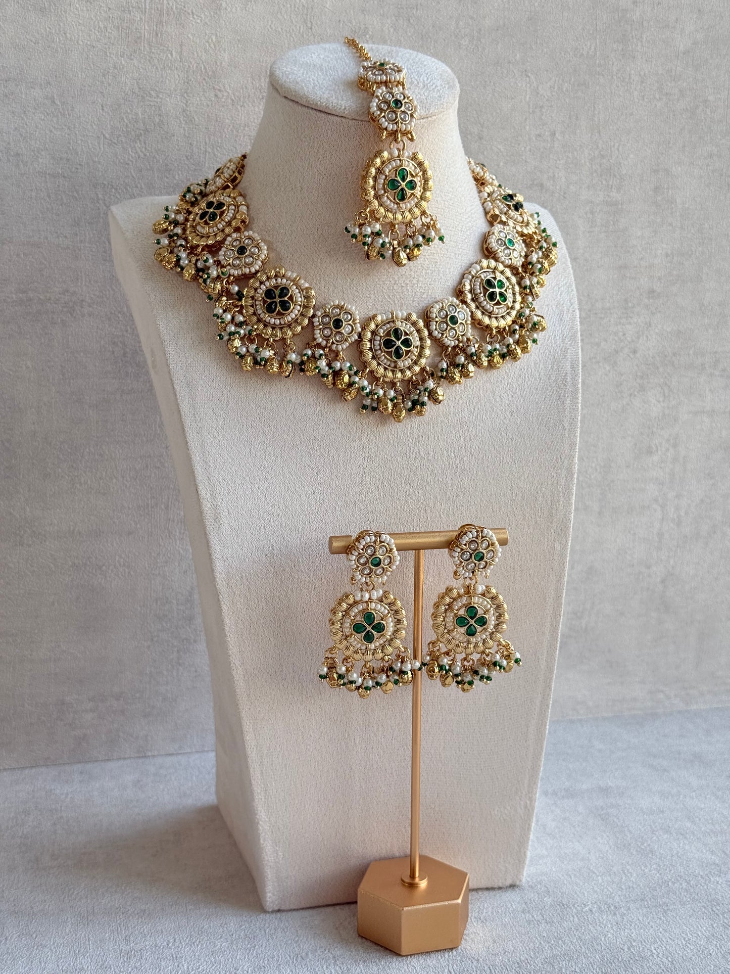 Ayura Designs Manika Necklace Set with Earrings & Tikka – Gold Finish with Emerald Green Stones, Pearls & Ghungroos