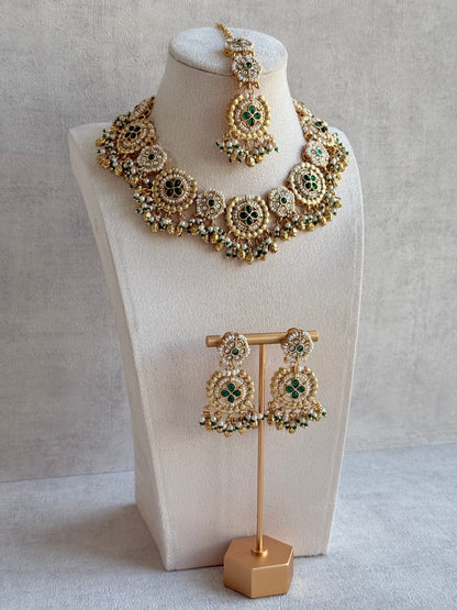 Ayura Designs Manika Necklace Set with Earrings & Tikka – Gold Finish with Emerald Green Stones, Pearls & Ghungroos