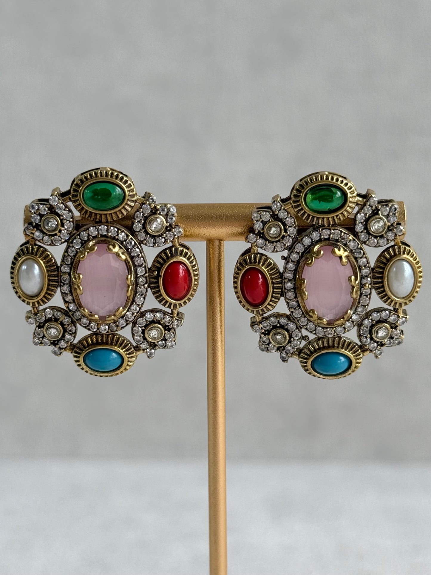 Ayura Designs Celia Stud Earrings – Blush Pink & Multicolour Stones with Gold Finish