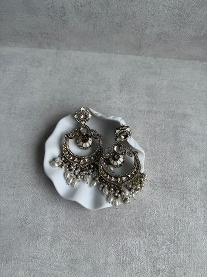 Ayura Designs Reha Earrings – Statement Chandbalis with Ivory Pearls & Mirror-Cut Stones
