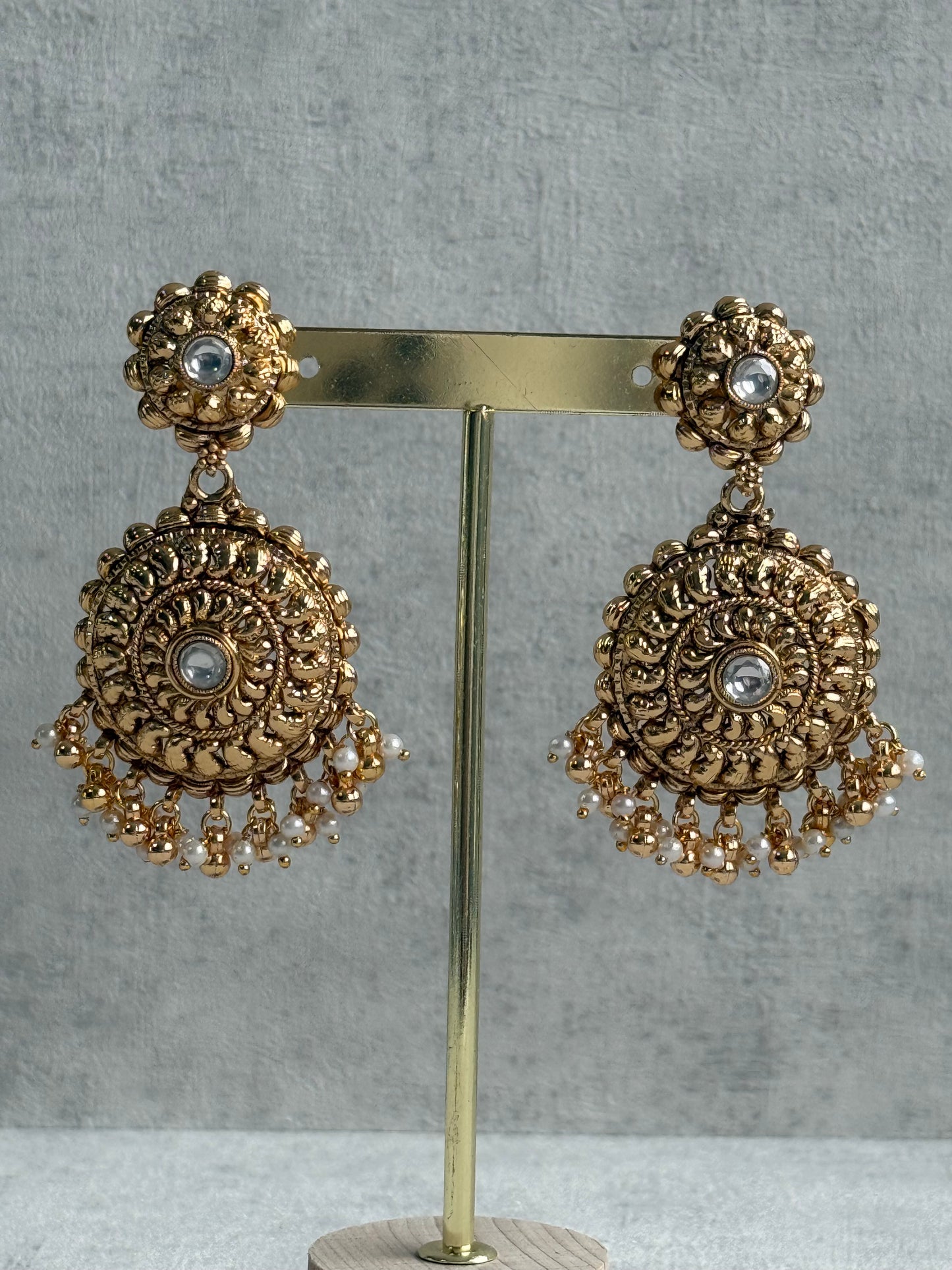 Ayura Designs Rummy Set – Statement Necklace, Earrings & Tikka with Ivory Pearls and Polished Gold Finish