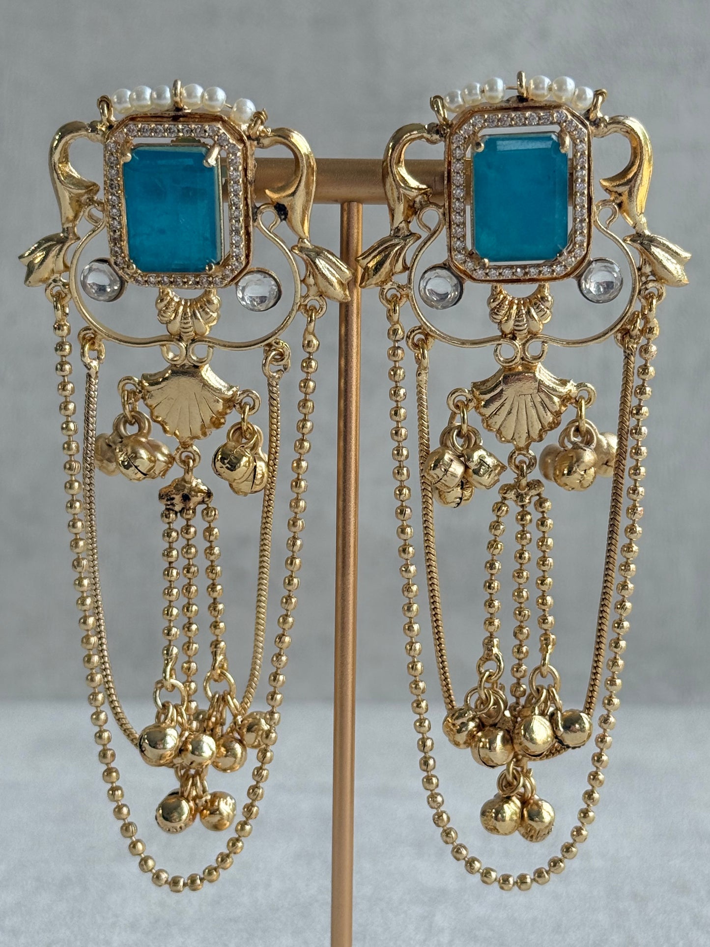 Ayura Designs Jaid Earrings – Aqua Blue Floral Motif with Layered Chains & Ghungroos