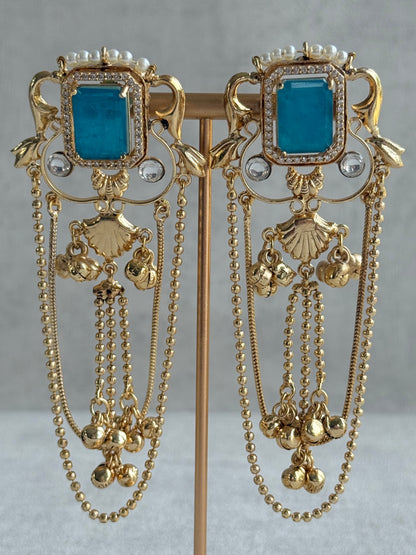 Ayura Designs Jaid Earrings – Aqua Blue Floral Motif with Layered Chains & Ghungroos