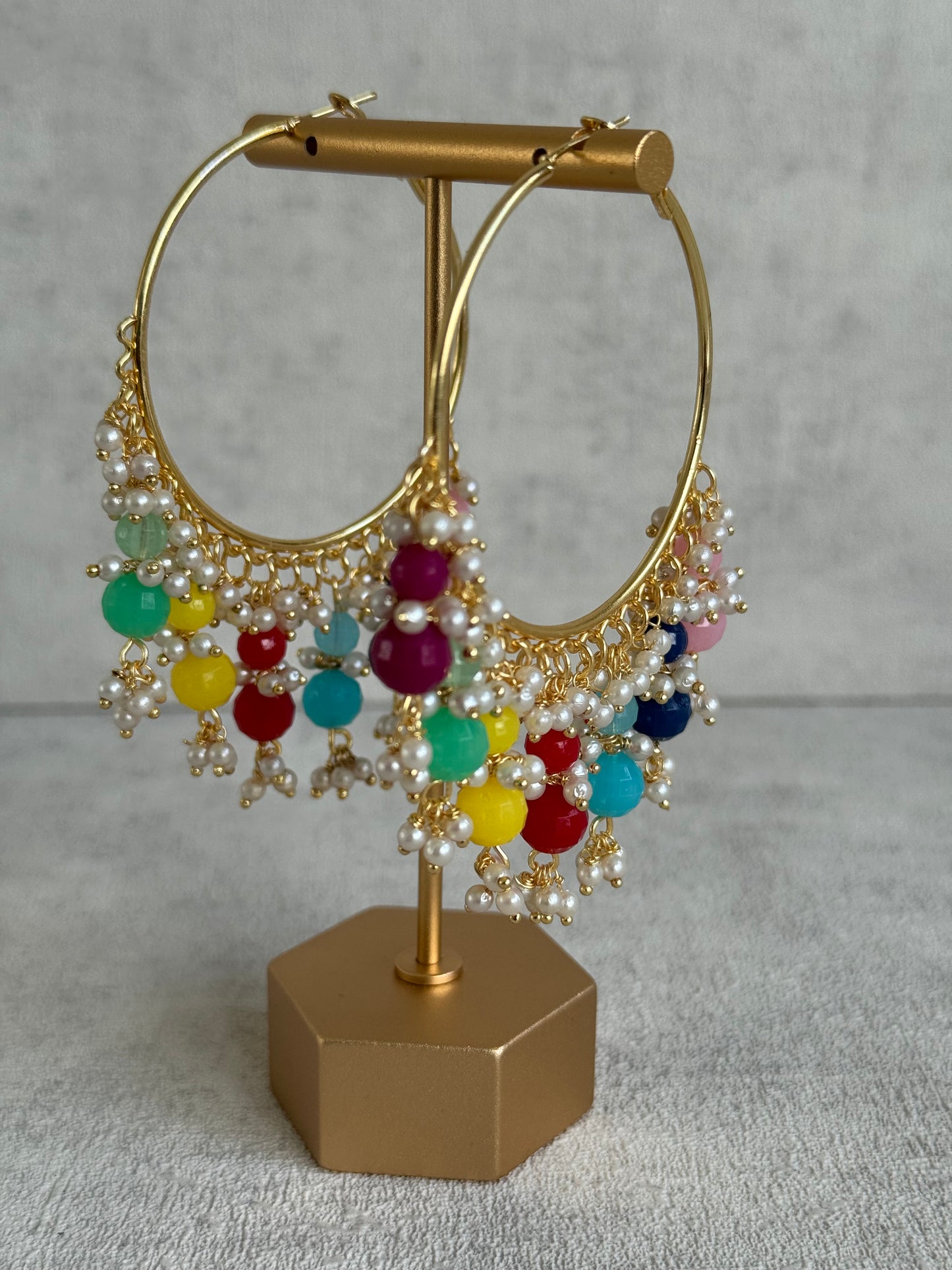 Ayura Designs Bijli Balis – Multicolour Beads, Pearl Clusters, Gold-Tone Hoop Earrings