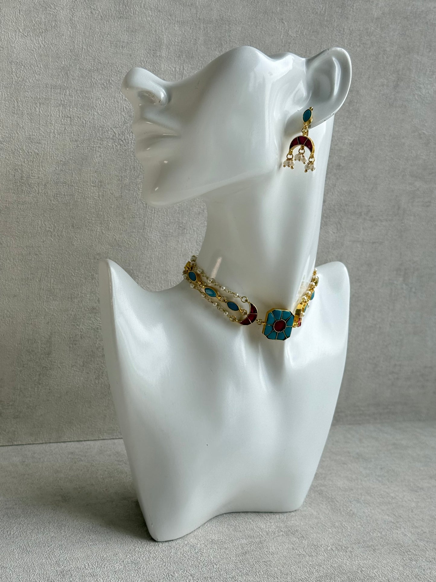 Ayura Designs Mahi Choker Set with Earrings – Meenakari Kundan Turquoise Blue & Hot Pink Detailing