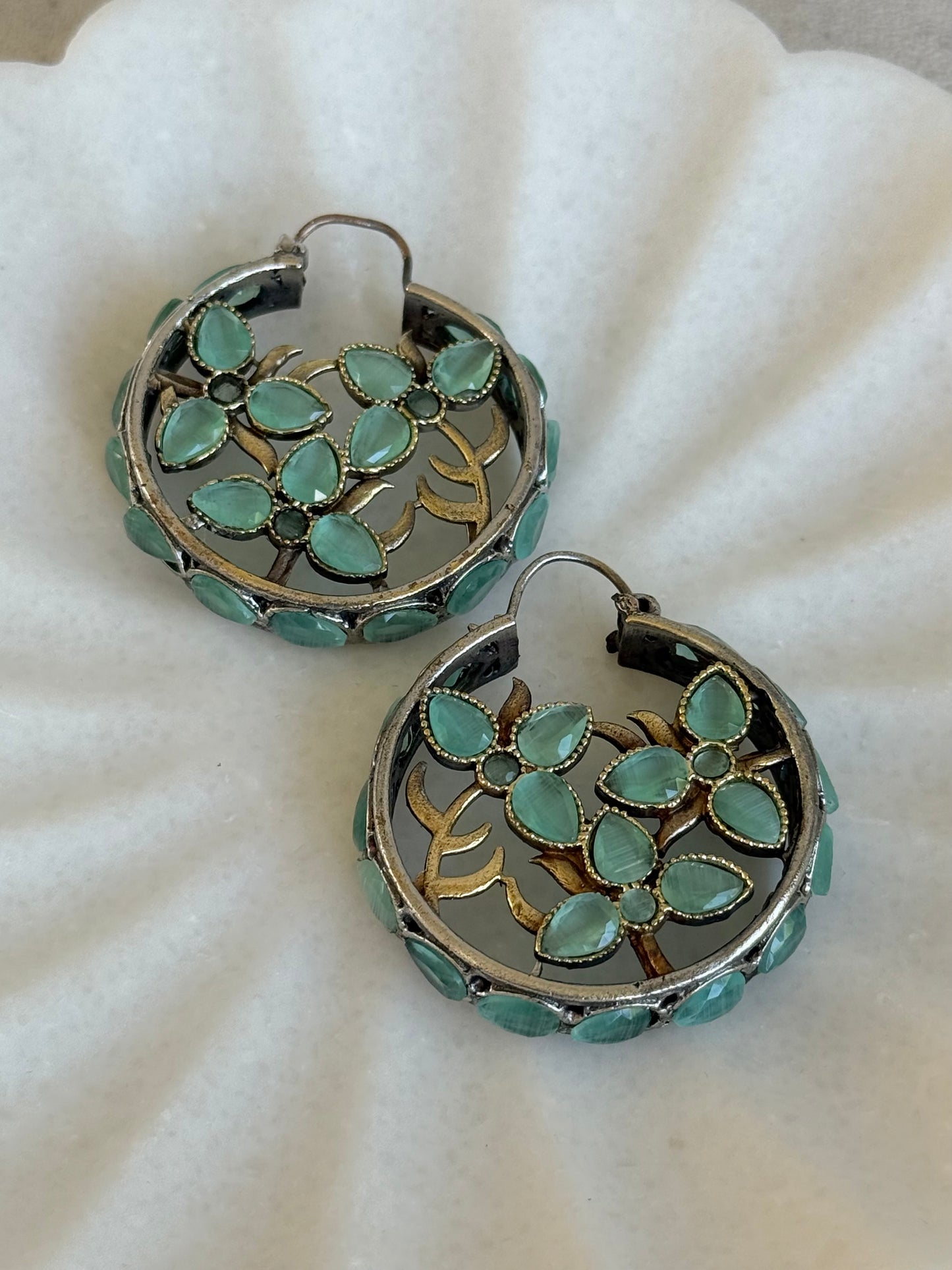 Ayura Designs Nureh Earrings – Dual Tone Floral Hoop Earrings with Mint Green Stones & Cutwork Detailing