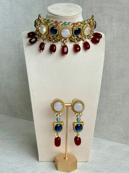 Ayura Designs Dahlia Choker Set with Earrings – Multicolour Stones, Crystal Detailing & Ruby Red Drops