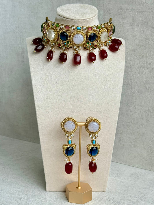 Ayura Designs Dahlia Choker Set with Earrings – Multicolour Stones, Crystal Detailing & Ruby Red Drops